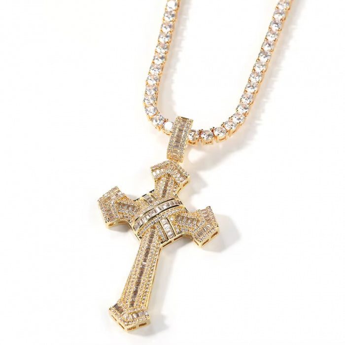 Lant Brooks Gold Tennis Cross Full Diamonds 3MM