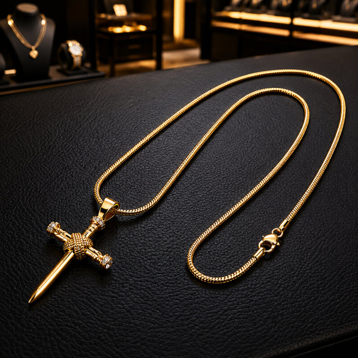 Lant Brooks Round Snake Nail Cross 14K Gold Plated