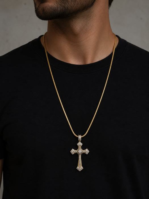 Lant Brooks Snake Diamond Cross 14K Gold Plated
