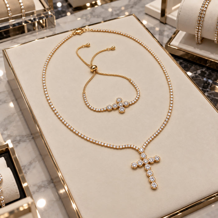 Set Angelic Colier-Bratara Gold Full Diamonds Cross